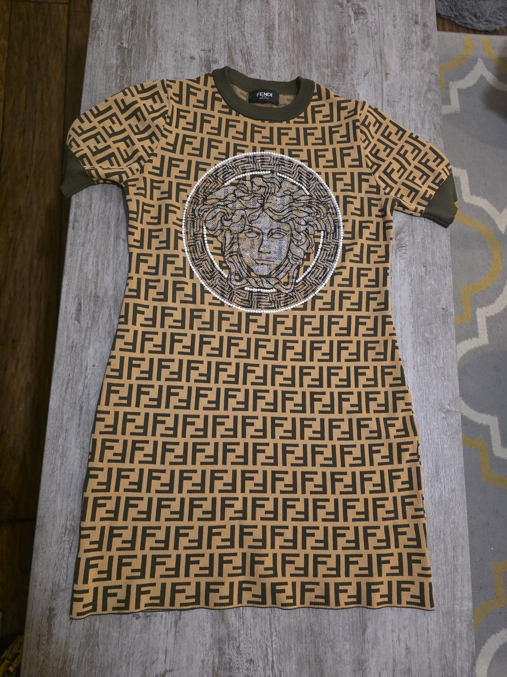 Fendi Tan and Olive FF Logo Mini Dress with Sequin Medusa